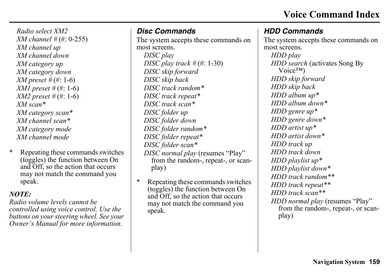 Disc commands hdd commands, Voice command index | HONDA 2015 Pilot - Navigation Manual User Manual | Page 159 / 175