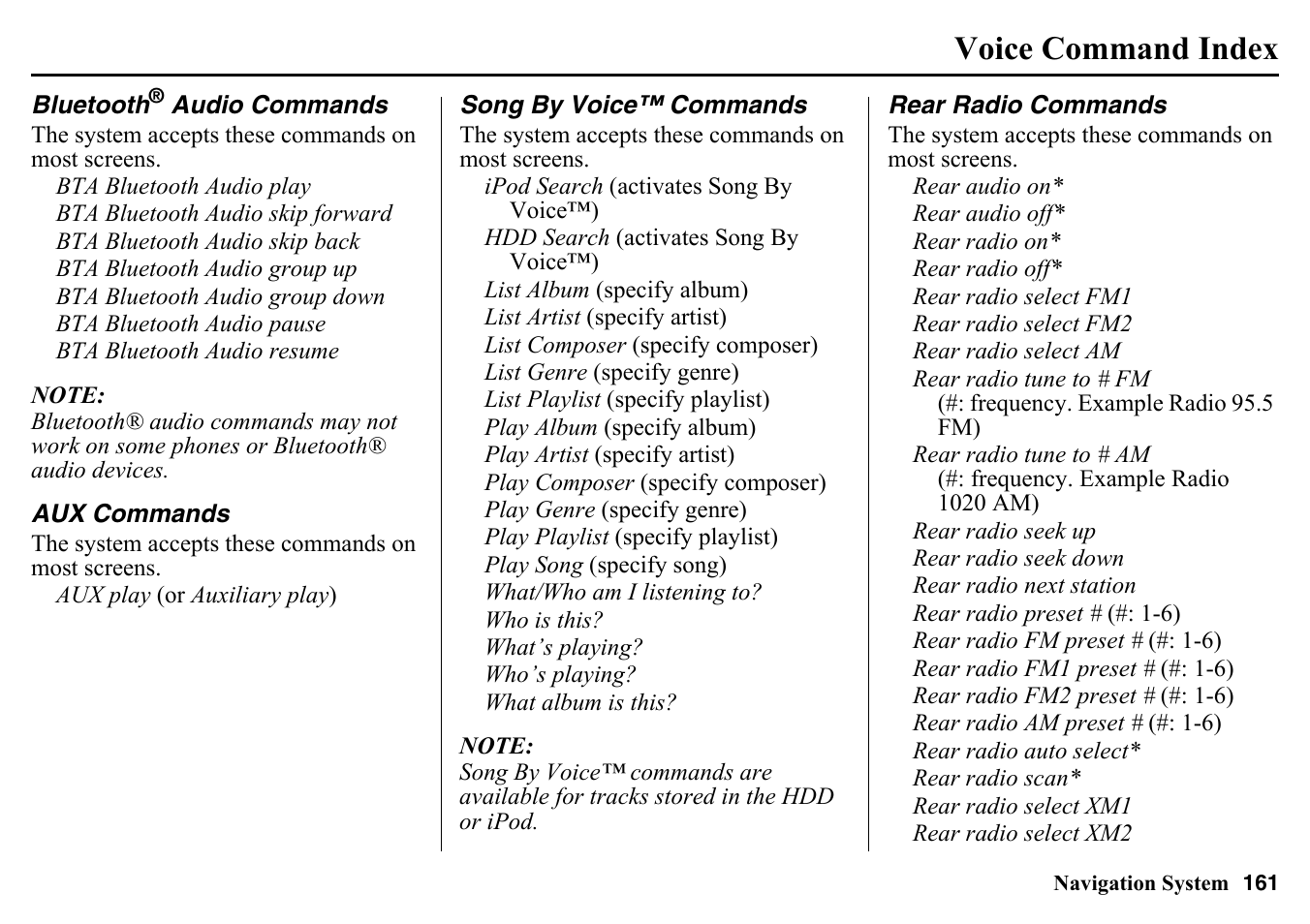 Bluetooth, Audio commands, Voice command index | HONDA 2015 Pilot - Navigation Manual User Manual | Page 161 / 175