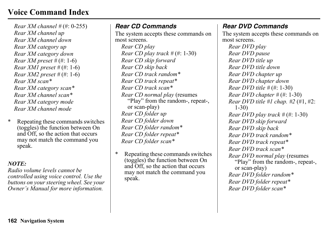Rear cd commands rear dvd commands, Voice command index | HONDA 2015 Pilot - Navigation Manual User Manual | Page 162 / 175