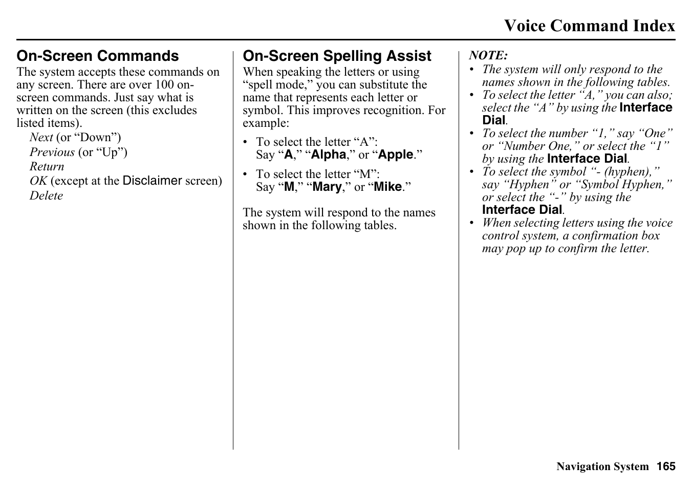 On-screen commands on-screen spelling assist, Voice command index | HONDA 2015 Pilot - Navigation Manual User Manual | Page 165 / 175