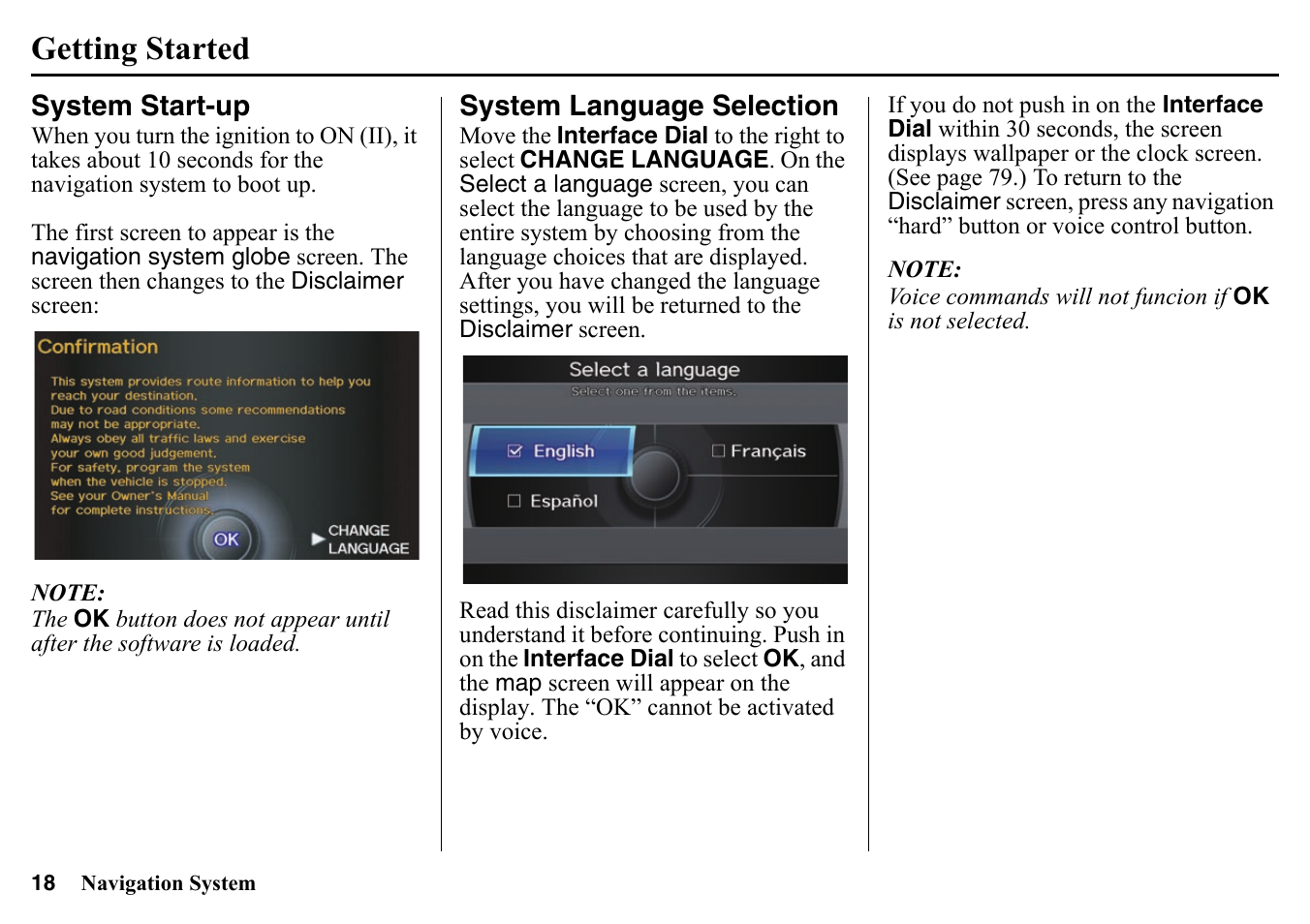 System start-up system language selection, Getting started | HONDA 2015 Pilot - Navigation Manual User Manual | Page 18 / 175