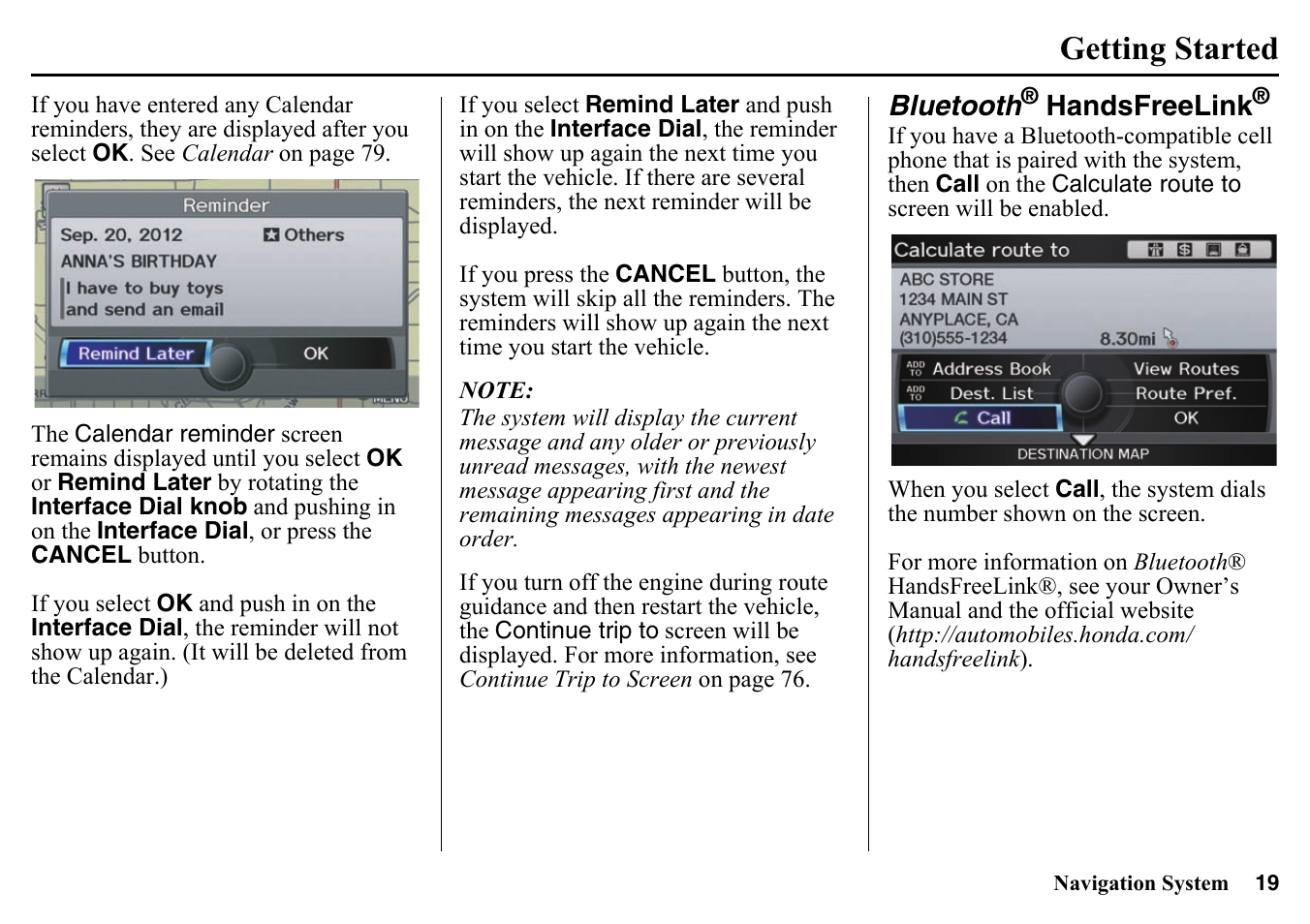 Bluetooth, Handsfreelink, Getting started | HONDA 2015 Pilot - Navigation Manual User Manual | Page 19 / 175