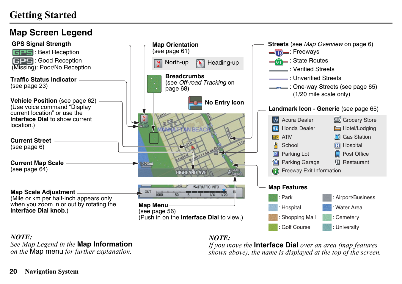 Map screen legend, Getting started | HONDA 2015 Pilot - Navigation Manual User Manual | Page 20 / 175