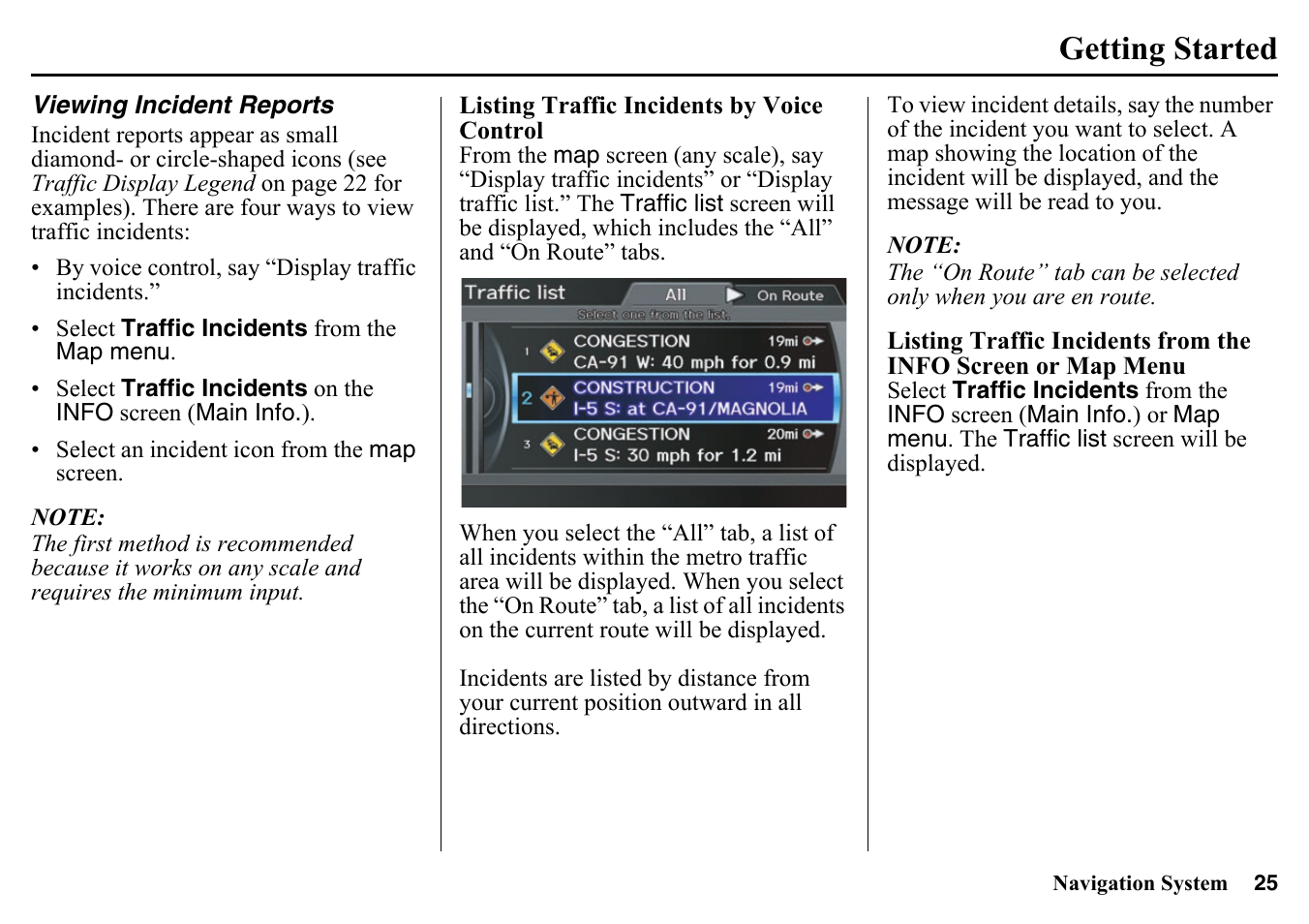 Viewing incident reports, Getting started | HONDA 2015 Pilot - Navigation Manual User Manual | Page 25 / 175