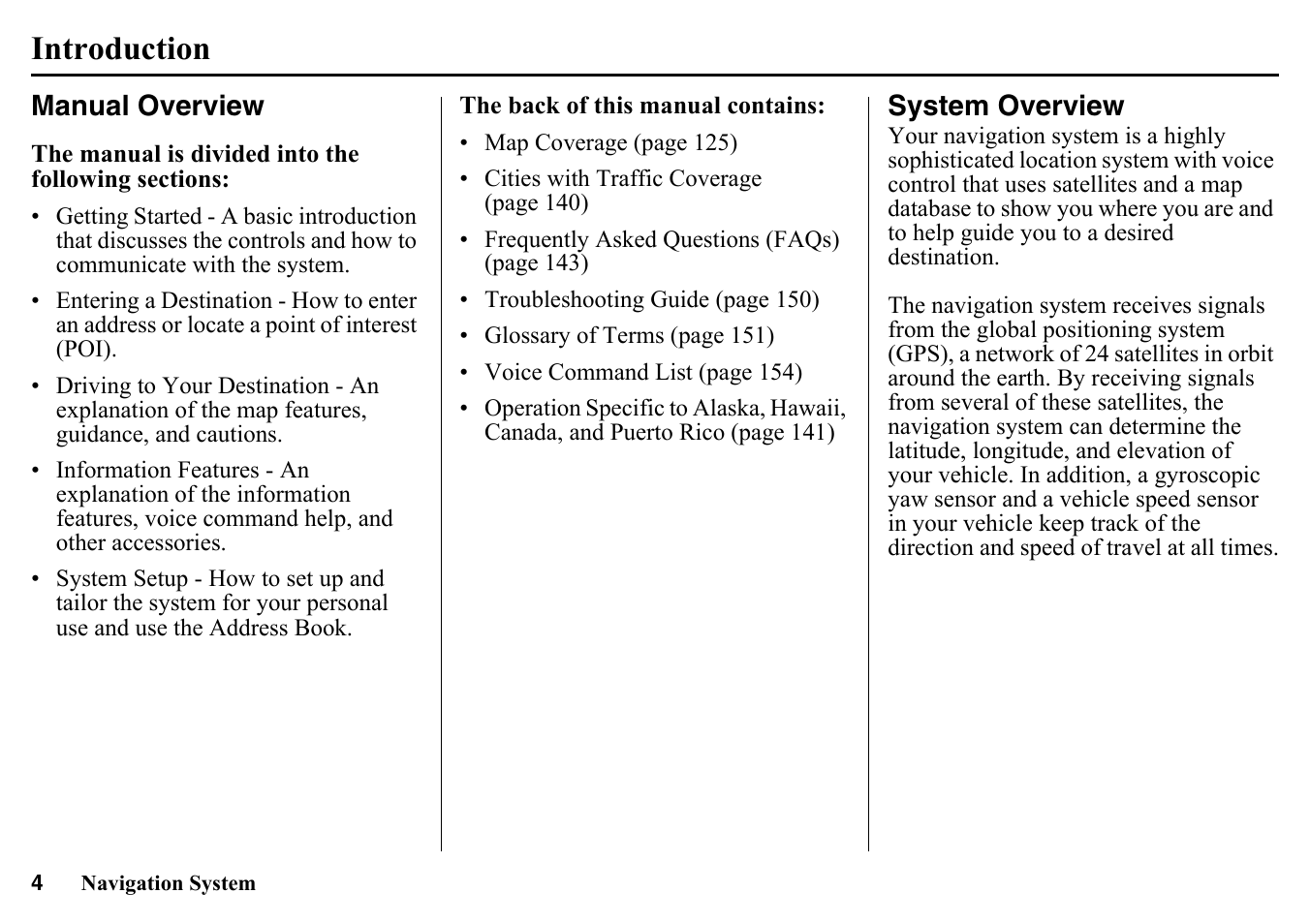 Introduction, Manual overview system overview | HONDA 2015 Pilot - Navigation Manual User Manual | Page 4 / 175