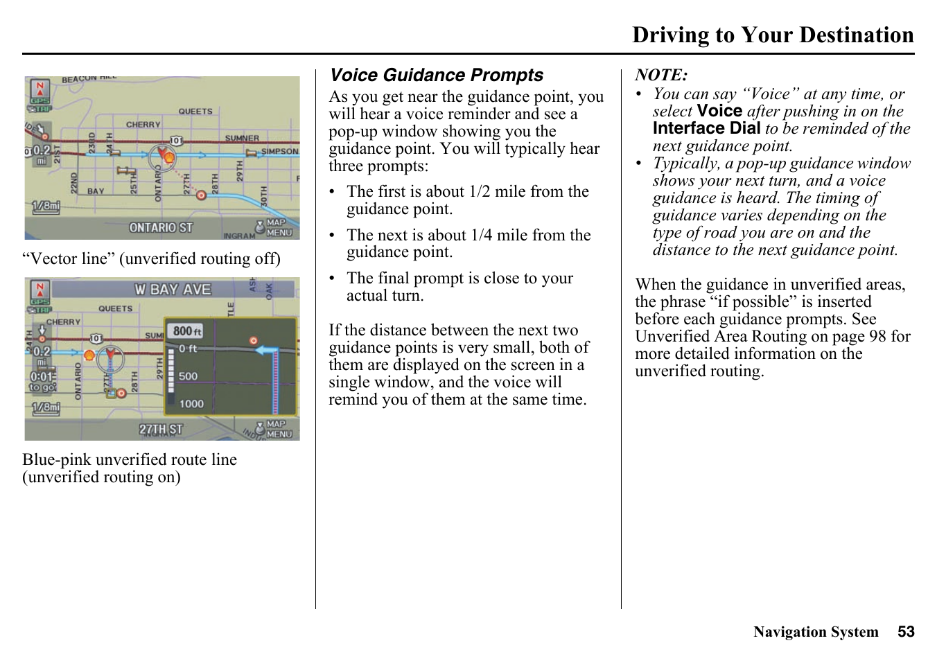 Voice guidance prompts, Driving to your destination | HONDA 2015 Pilot - Navigation Manual User Manual | Page 53 / 175