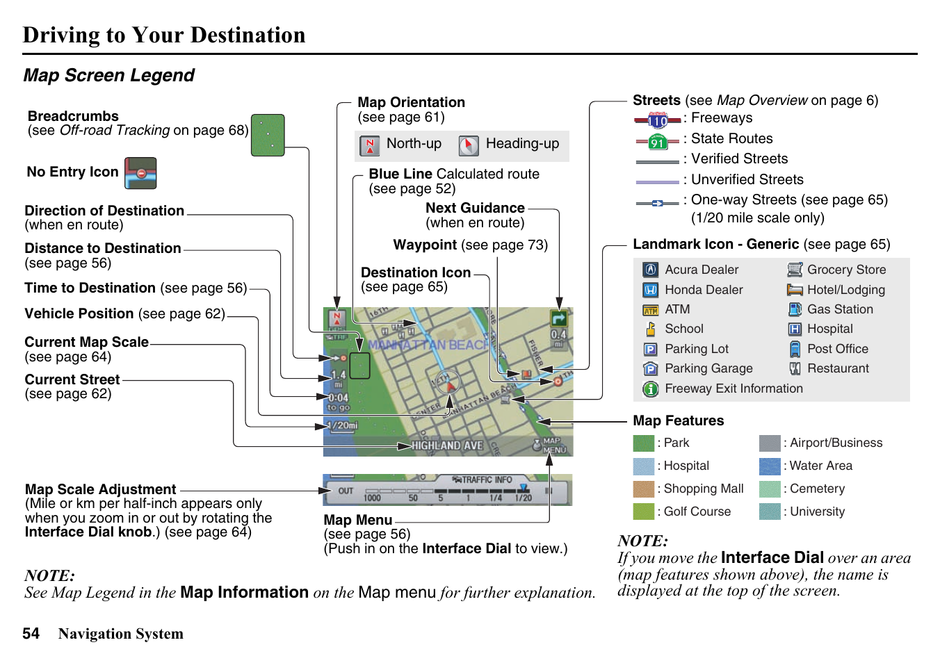 Map screen legend, Driving to your destination | HONDA 2015 Pilot - Navigation Manual User Manual | Page 54 / 175