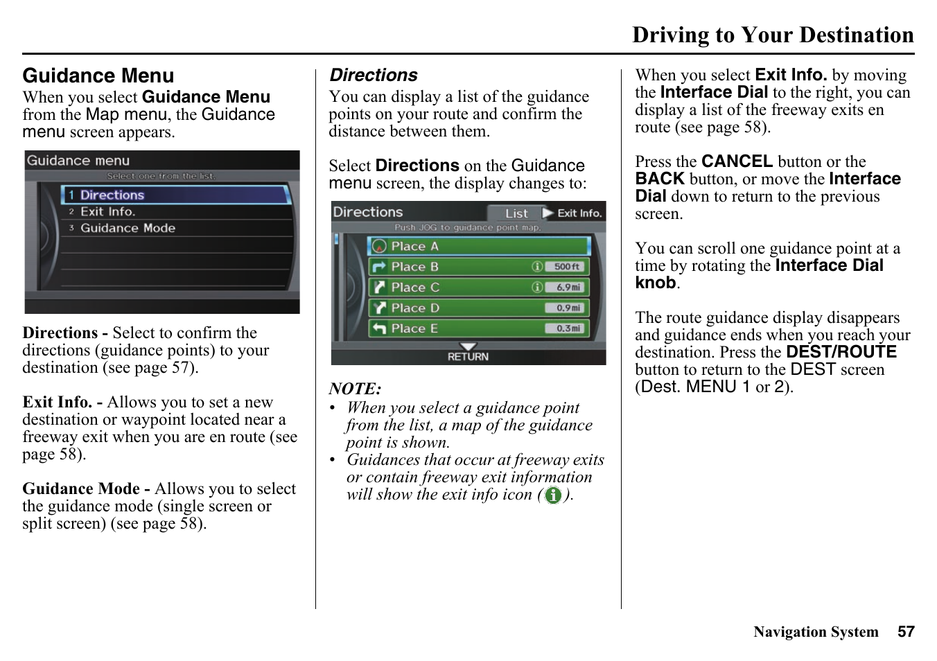 Guidance menu, Directions, Information, see | Driving to your destination | HONDA 2015 Pilot - Navigation Manual User Manual | Page 57 / 175