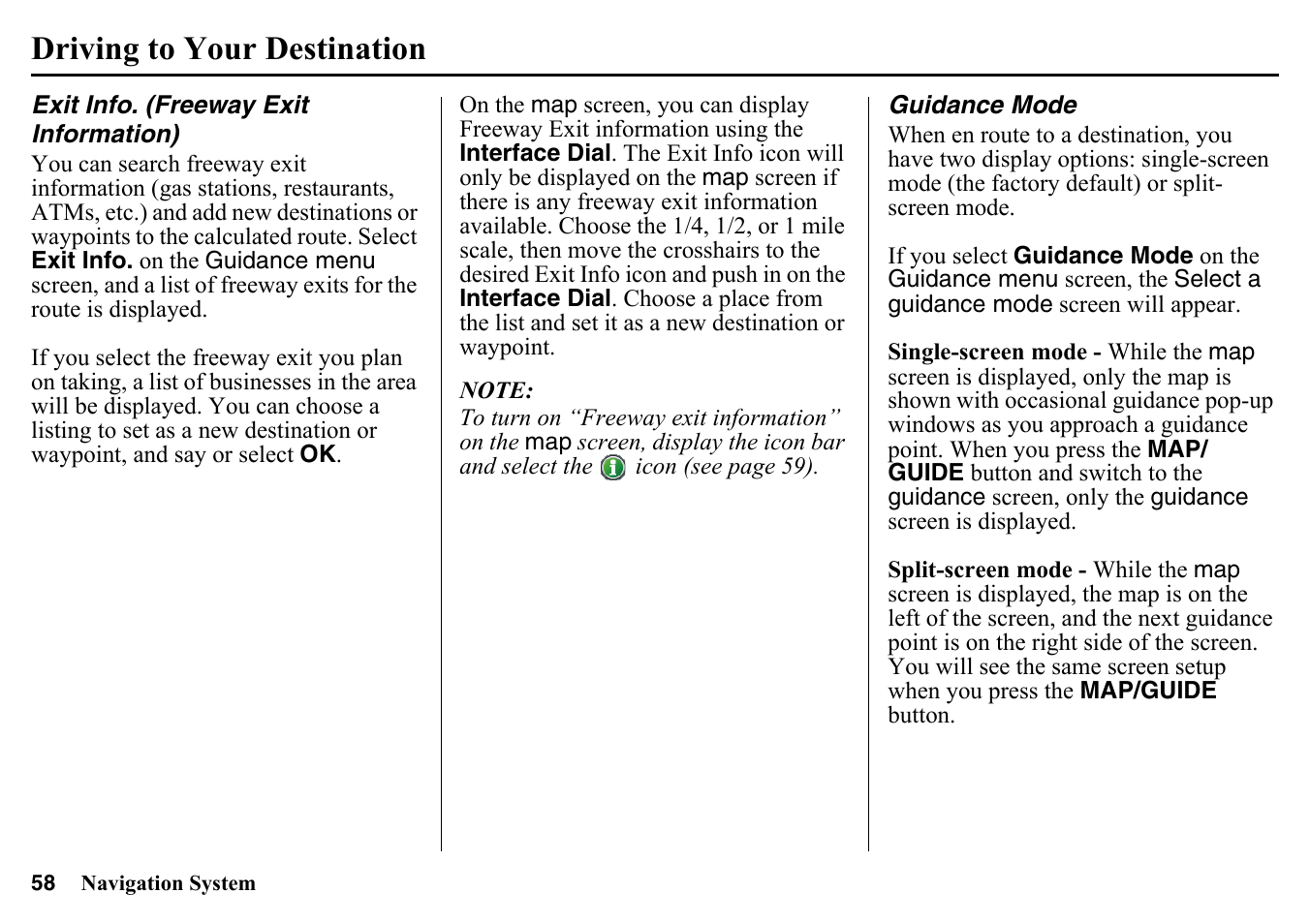 Exit info, Freeway exit information), Guidance mode | Driving to your destination | HONDA 2015 Pilot - Navigation Manual User Manual | Page 58 / 175
