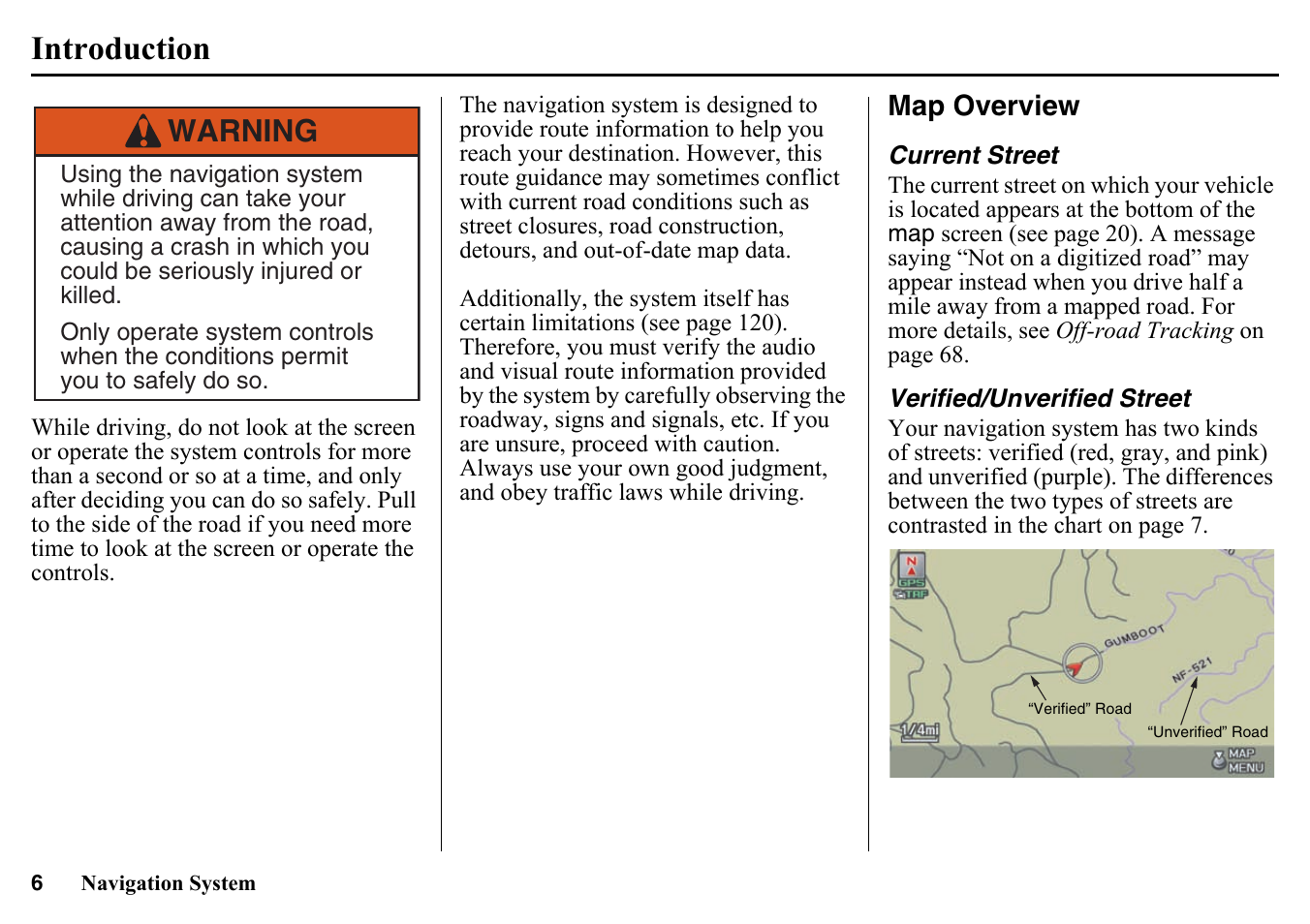 Map overview, Current street verified/unverified street, Introduction | Warning | HONDA 2015 Pilot - Navigation Manual User Manual | Page 6 / 175