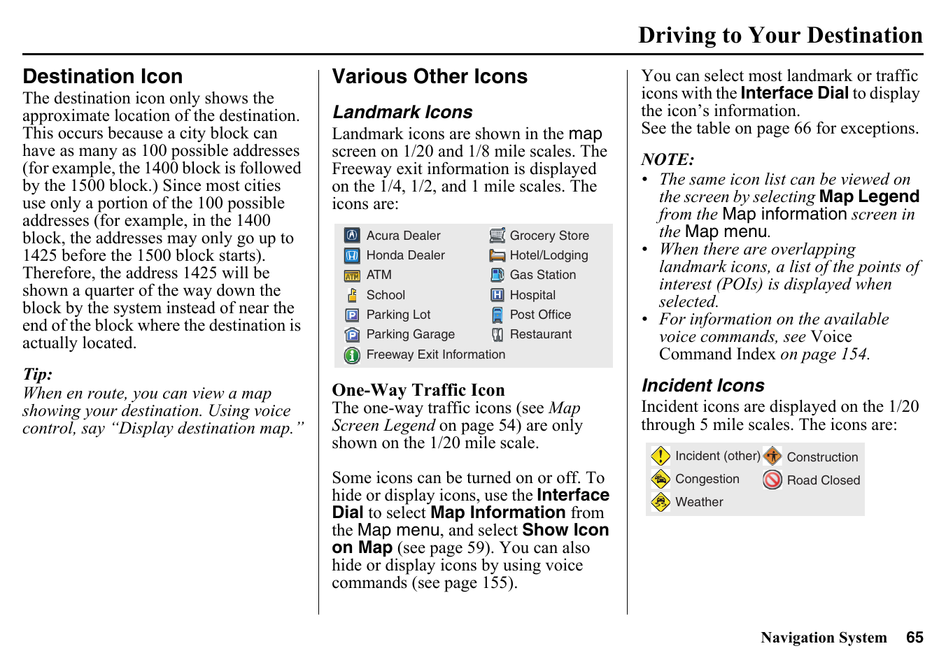 Destination icon various other icons, Landmark icons incident icons, Driving to your destination | Destination icon, Various other icons | HONDA 2015 Pilot - Navigation Manual User Manual | Page 65 / 175