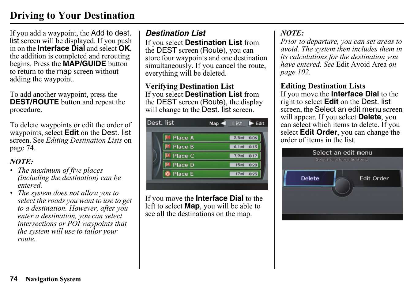 Destination list, Driving to your destination | HONDA 2015 Pilot - Navigation Manual User Manual | Page 74 / 175