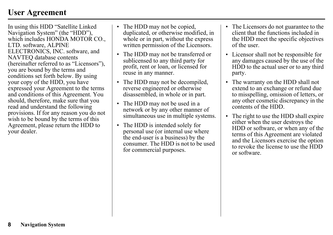 User agreement | HONDA 2015 Pilot - Navigation Manual User Manual | Page 8 / 175