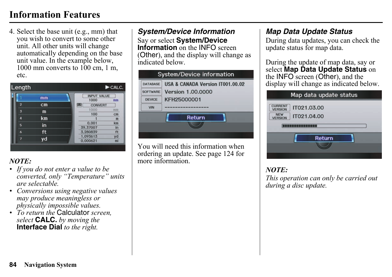 System/device information map data update status, Information features | HONDA 2015 Pilot - Navigation Manual User Manual | Page 84 / 175