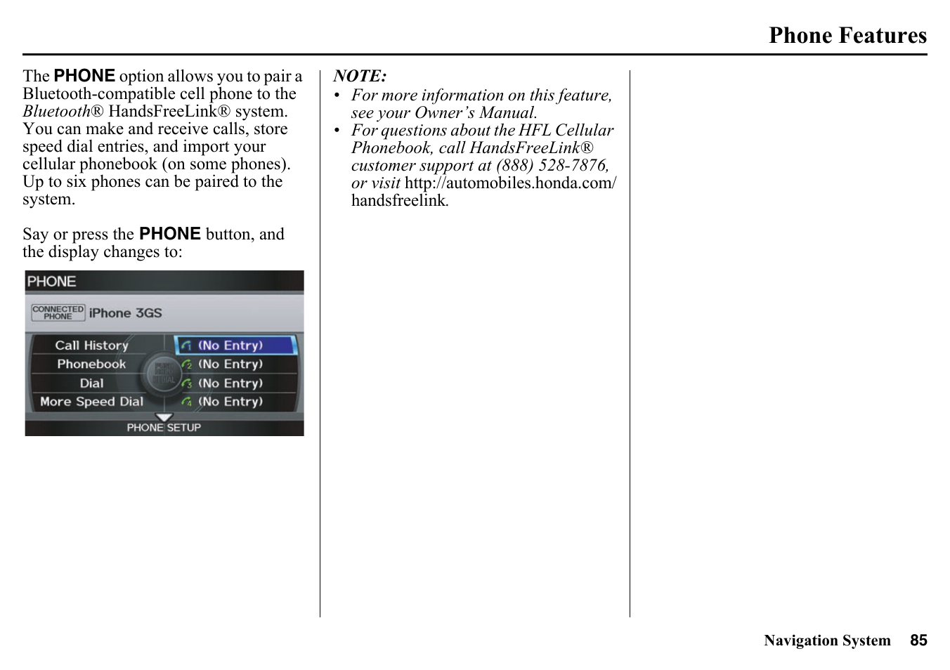 Phone features, N. see | HONDA 2015 Pilot - Navigation Manual User Manual | Page 85 / 175