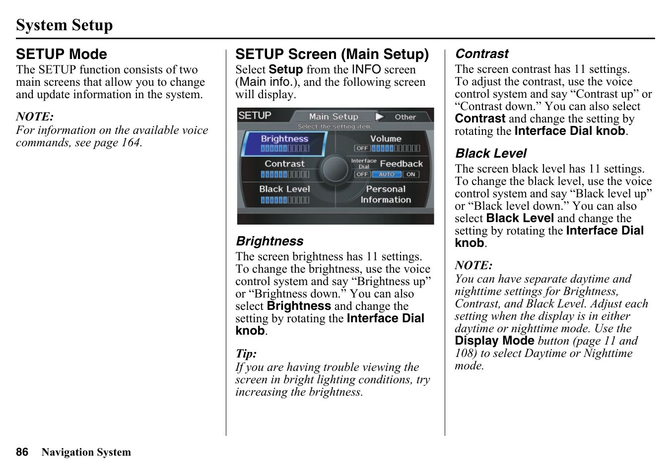 System setup, Setup mode setup screen (main setup), Brightness contrast black level | HONDA 2015 Pilot - Navigation Manual User Manual | Page 86 / 175