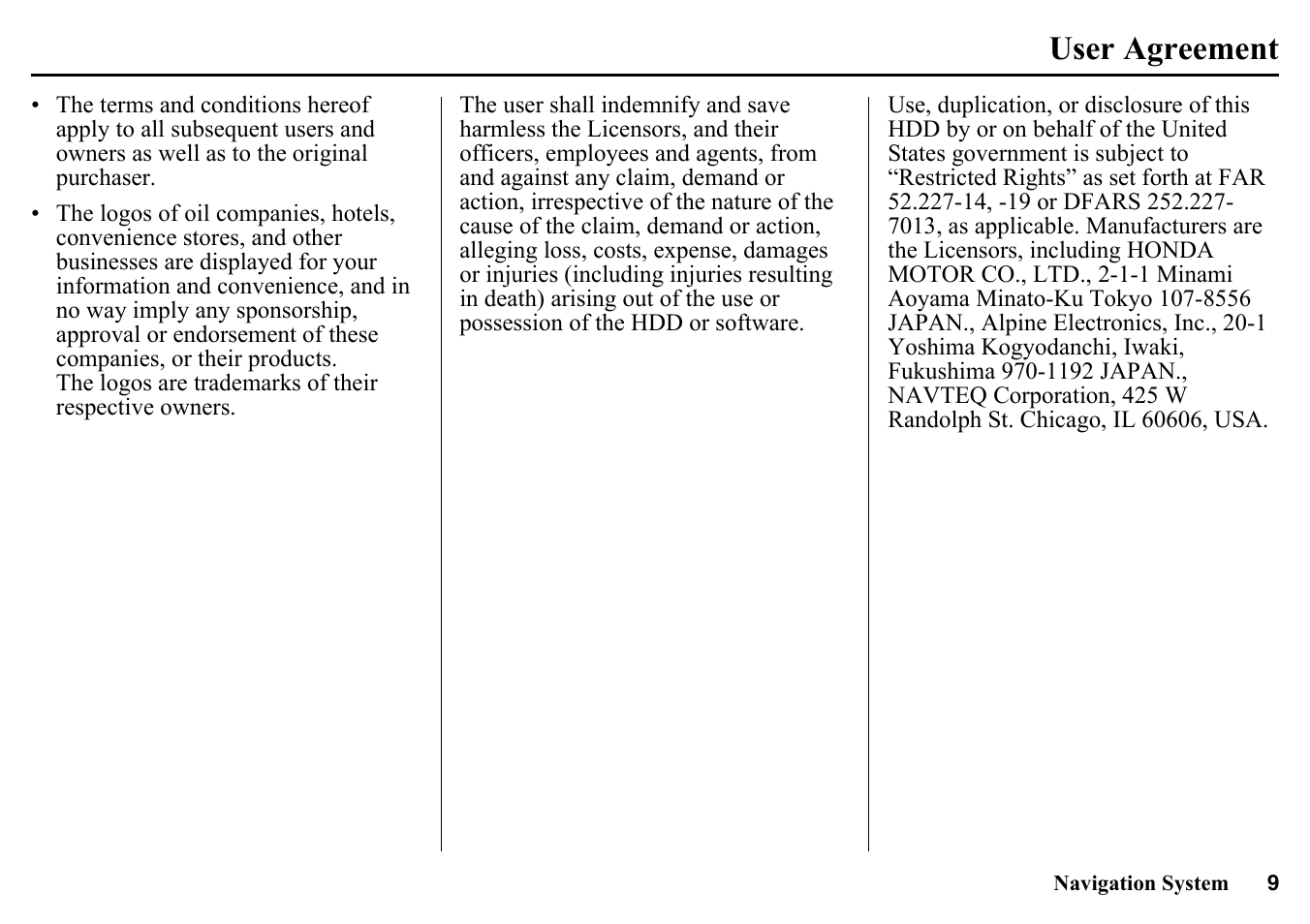 User agreement | HONDA 2015 Pilot - Navigation Manual User Manual | Page 9 / 175