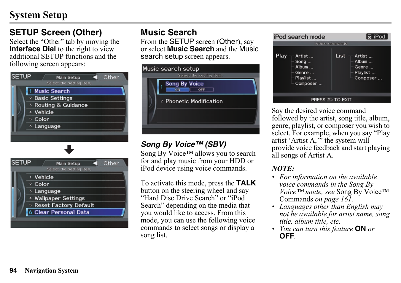 Setup screen (other) music search, Song by voice™ (sbv), System setup | HONDA 2015 Pilot - Navigation Manual User Manual | Page 94 / 175