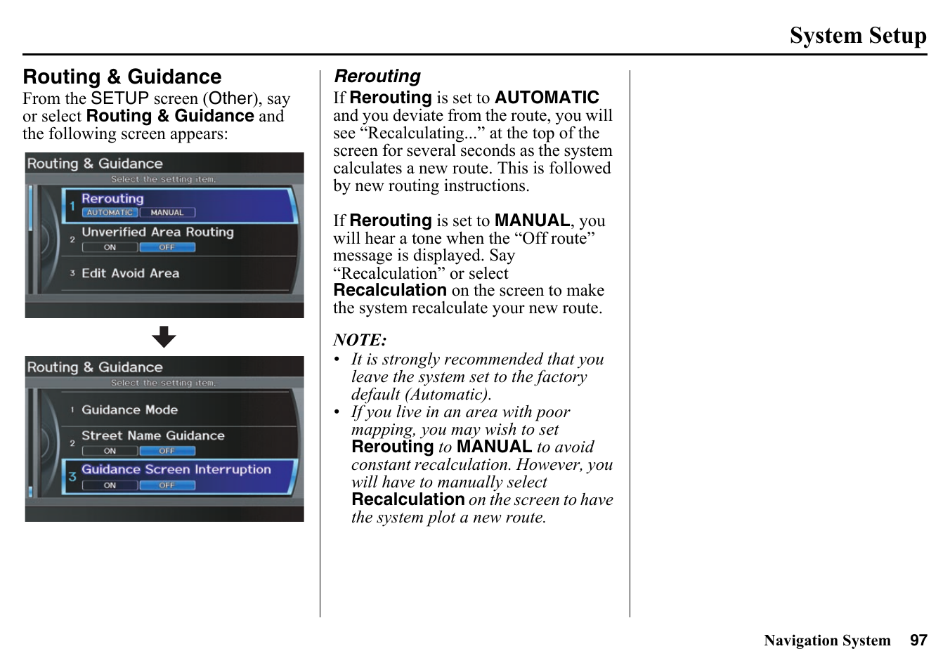 Routing & guidance, Rerouting, System setup | HONDA 2015 Pilot - Navigation Manual User Manual | Page 97 / 175