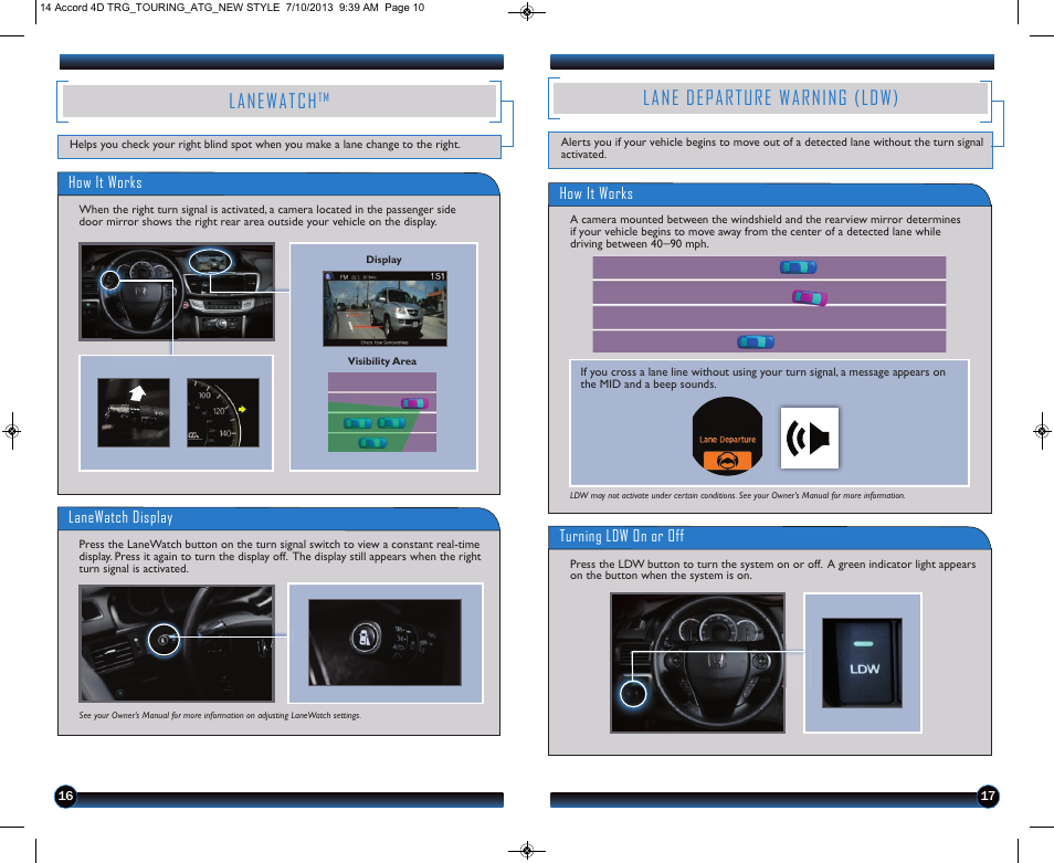 Lane departure warning (ldw), Lanewatch | HONDA 1984 Accord Sedan (Touring) - Technology Reference Guide User Manual | Page 10 / 24