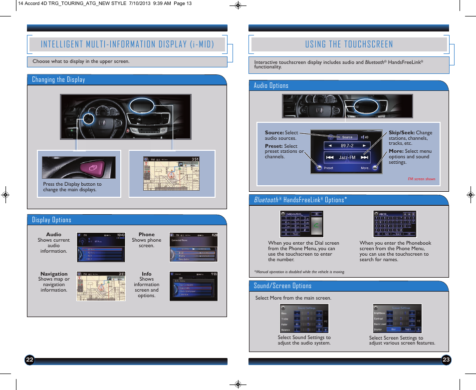 P.22, Intelligent multi-information display (i-mid), Using the touchscreen | Display options, Changing the display, Audio options, Bluetooth, Handsfreelink, Options* sound/screen options | HONDA 1984 Accord Sedan (Touring) - Technology Reference Guide User Manual | Page 13 / 24