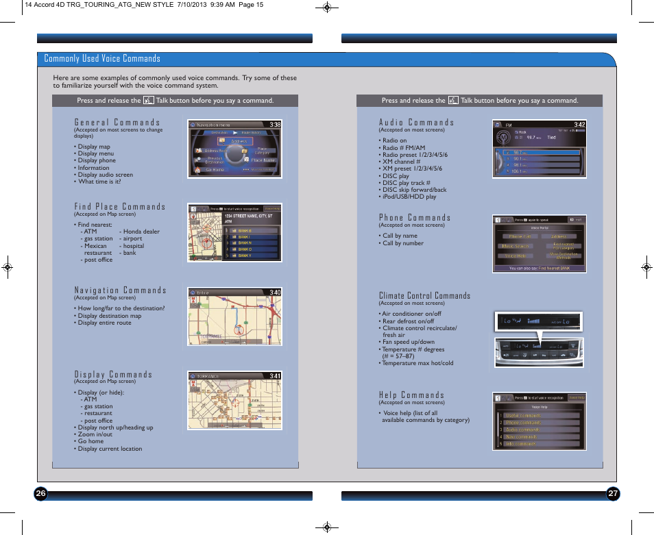 Commonly used voice commands, Climate control commands | HONDA 1984 Accord Sedan (Touring) - Technology Reference Guide User Manual | Page 15 / 24