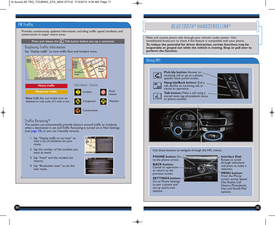 P.31, Bluetooth, Handsfreelink | Using hfl, Fm traffic | HONDA 1984 Accord Sedan (Touring) - Technology Reference Guide User Manual | Page 17 / 24