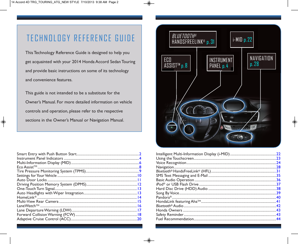 Technology reference guide, Navigation p.28 bluetooth, Handsfreelink | P.31 eco assist, P.8 instrument panel p.4, I-mid p.22 | HONDA 1984 Accord Sedan (Touring) - Technology Reference Guide User Manual | Page 2 / 24