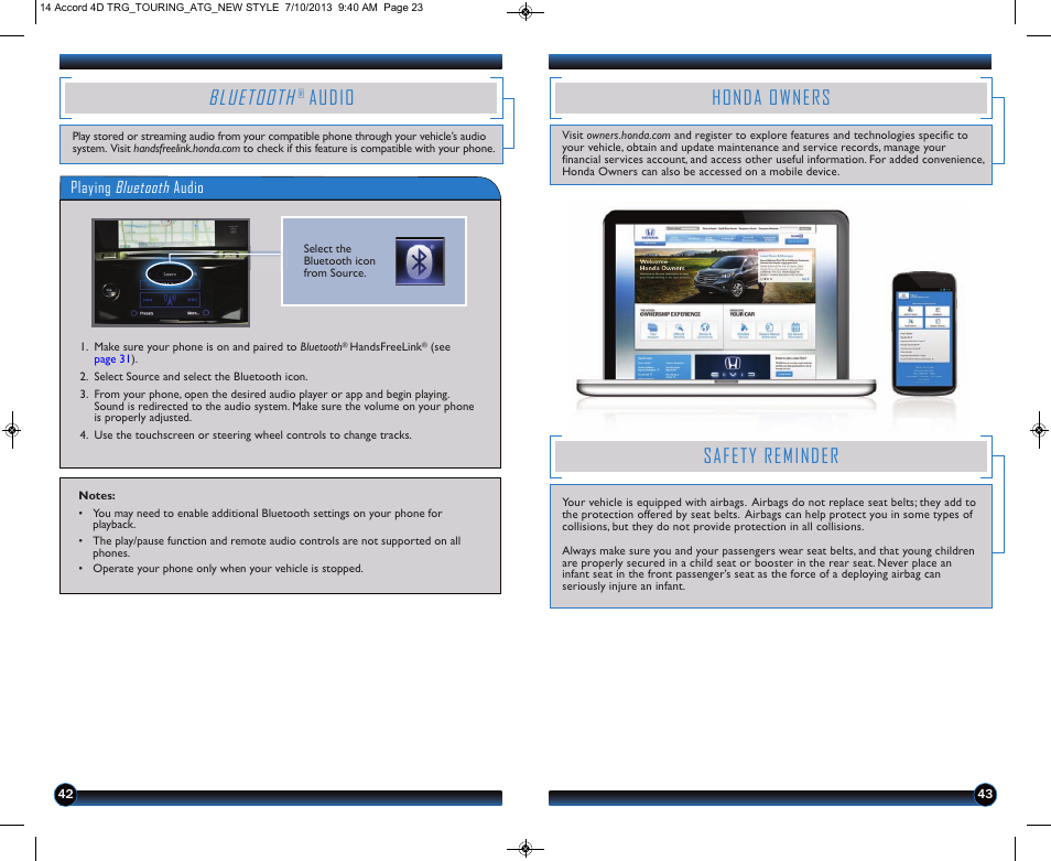 Bluetooth, Audio, Honda owners | Safety reminder | HONDA 1984 Accord Sedan (Touring) - Technology Reference Guide User Manual | Page 23 / 24