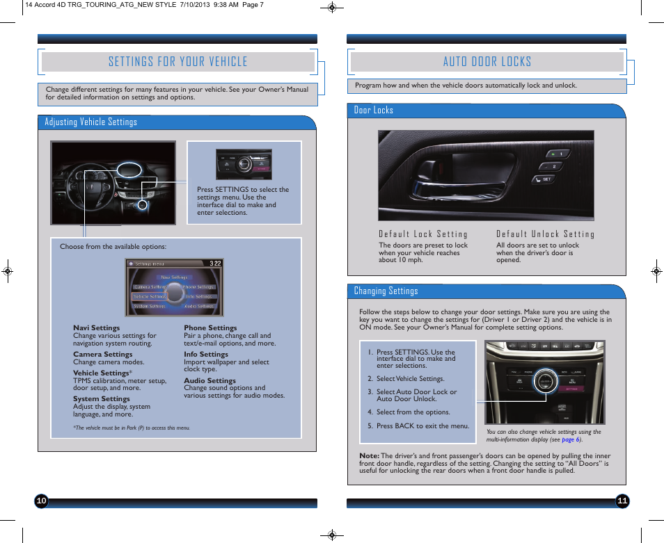 Auto door locks, Settings for your vehicle | HONDA 1984 Accord Sedan (Touring) - Technology Reference Guide User Manual | Page 7 / 24