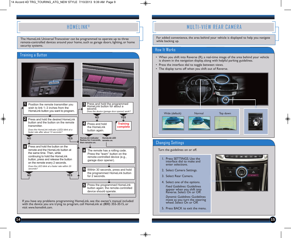 Multi-view rear camera, Homelink, How it works | Changing settings, Training a button | HONDA 1984 Accord Sedan (Touring) - Technology Reference Guide User Manual | Page 9 / 24