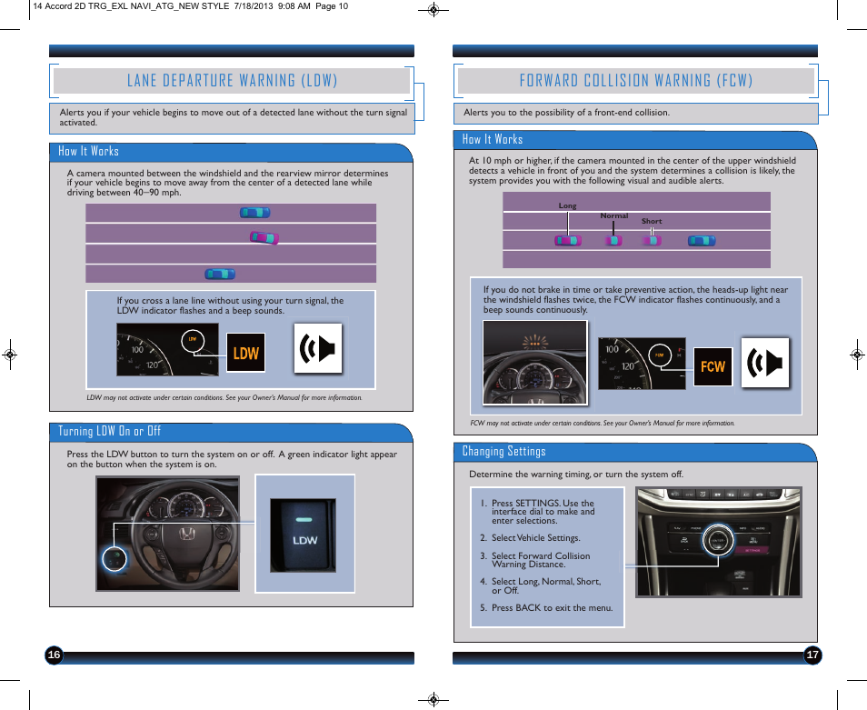 Lane departure warning (ldw), Forward collision warning (fcw) | HONDA 1984 Accord Coupe (EX-L with Navigation) - Technology Reference Guide User Manual | Page 10 / 22