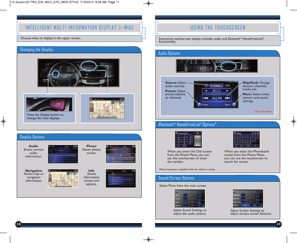 P.18, Intelligent multi-information display (i-mid), Using the touchscreen | Display options, Changing the display, Audio options bluetooth, Handsfreelink, Options* sound/screen options | HONDA 1984 Accord Coupe (EX-L with Navigation) - Technology Reference Guide User Manual | Page 11 / 22