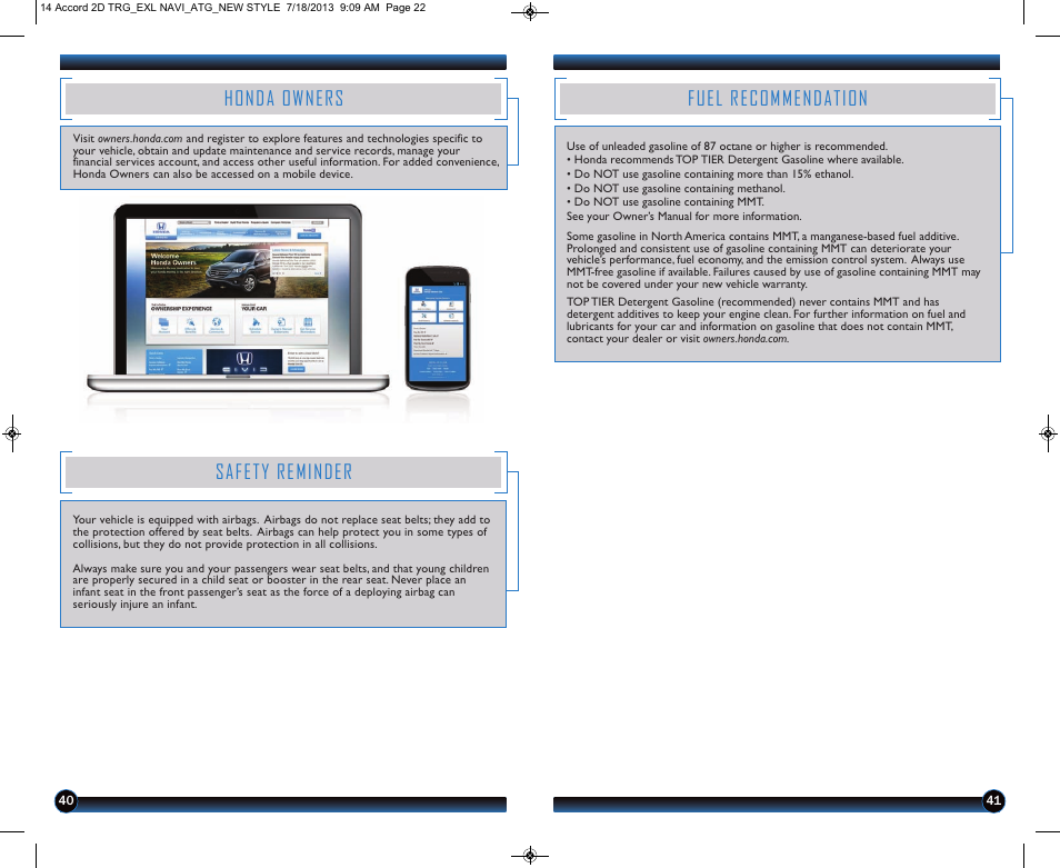 Honda owners, Safety reminder, Fuel recommendation | HONDA 1984 Accord Coupe (EX-L with Navigation) - Technology Reference Guide User Manual | Page 22 / 22