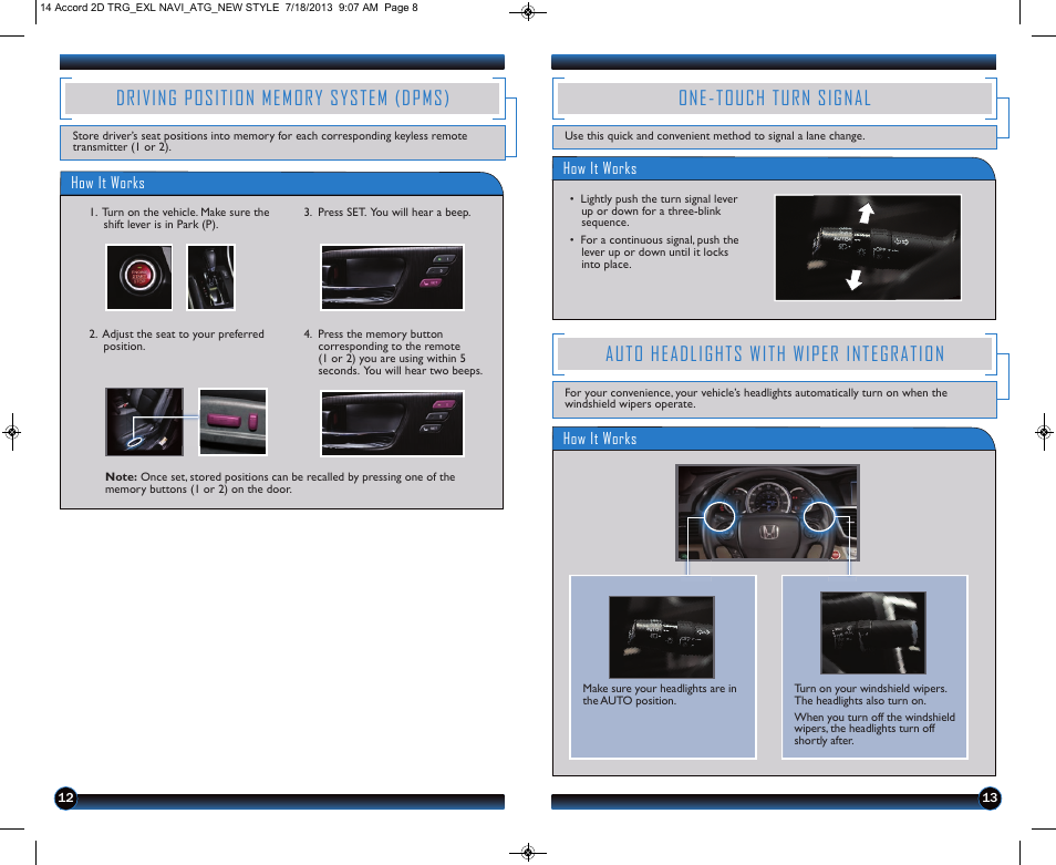 One-touch turn signal, Auto headlights with wiper integration | HONDA 1984 Accord Coupe (EX-L with Navigation) - Technology Reference Guide User Manual | Page 8 / 22