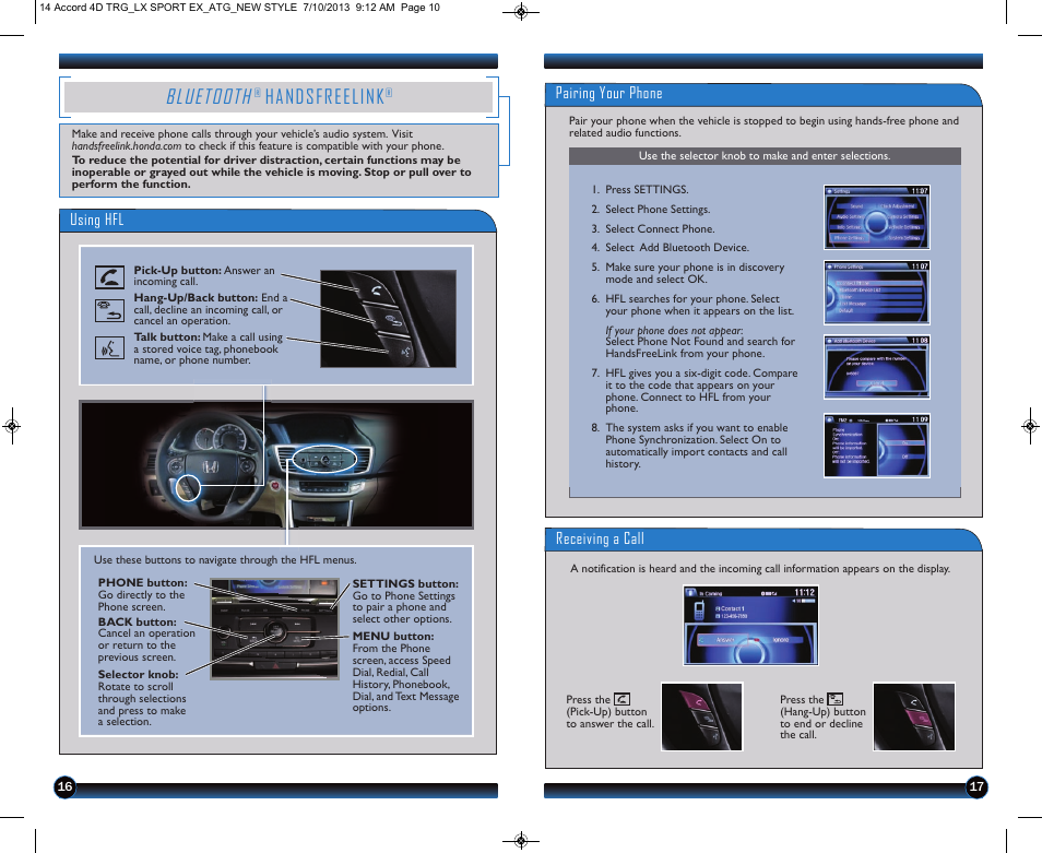 P.16, Bluetooth, Handsfreelink | Using hfl, Pairing your phone, Receiving a call | HONDA 1984 Accord Sedan (LX, Sport, and EX) - Technology Reference Guide User Manual | Page 10 / 15