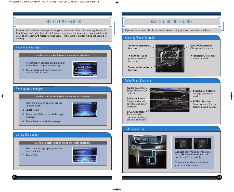 P.21, Sms text messaging, Basic audio operation | Receiving messages, Replying to messages, Calling the sender, Steering wheel controls, Audio panel controls, Usb connection | HONDA 1984 Accord Sedan (LX, Sport, and EX) - Technology Reference Guide User Manual | Page 12 / 15