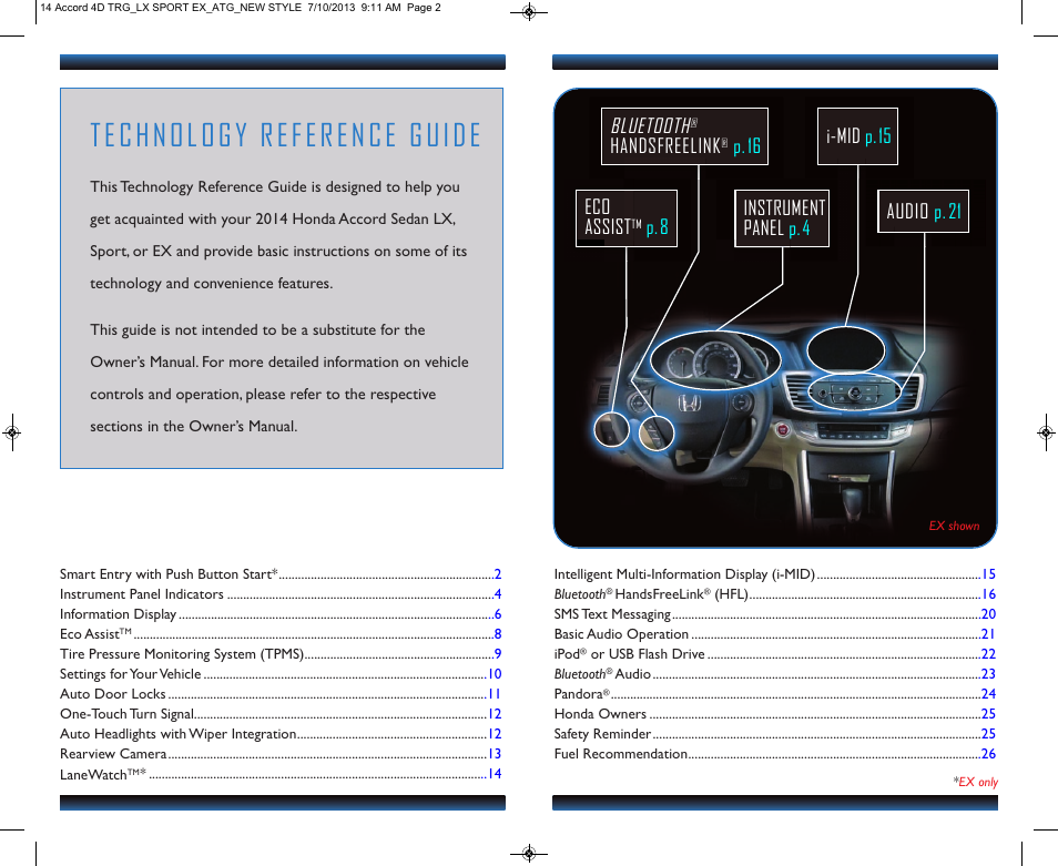 Technology reference guide, Audio p.21 bluetooth, Handsfreelink | P.16 eco assist, P.8 instrument panel p.4 i-mid p.15 | HONDA 1984 Accord Sedan (LX, Sport, and EX) - Technology Reference Guide User Manual | Page 2 / 15