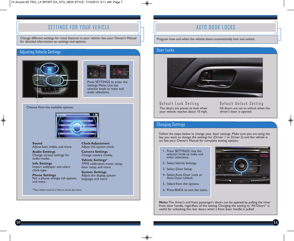 Settings for your vehicle, Auto door locks | HONDA 1984 Accord Sedan (LX, Sport, and EX) - Technology Reference Guide User Manual | Page 7 / 15