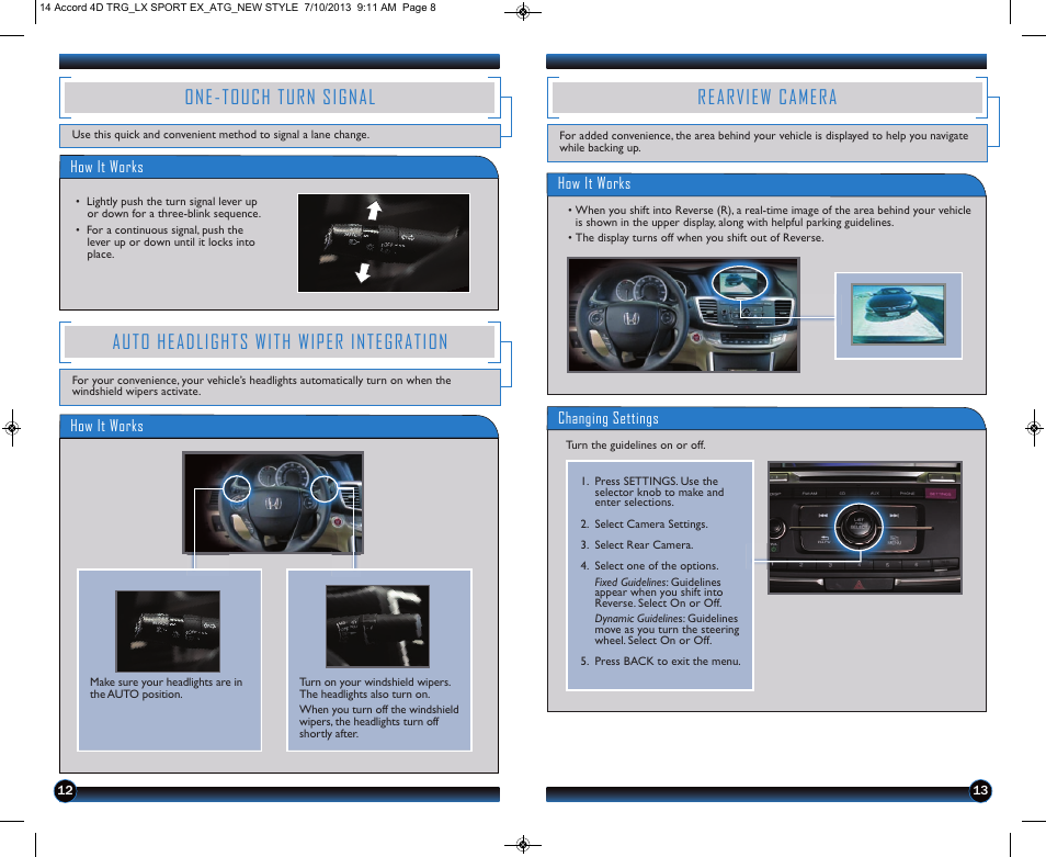 One-touch turn signal, Auto headlights with wiper integration, Rearview camera | HONDA 1984 Accord Sedan (LX, Sport, and EX) - Technology Reference Guide User Manual | Page 8 / 15