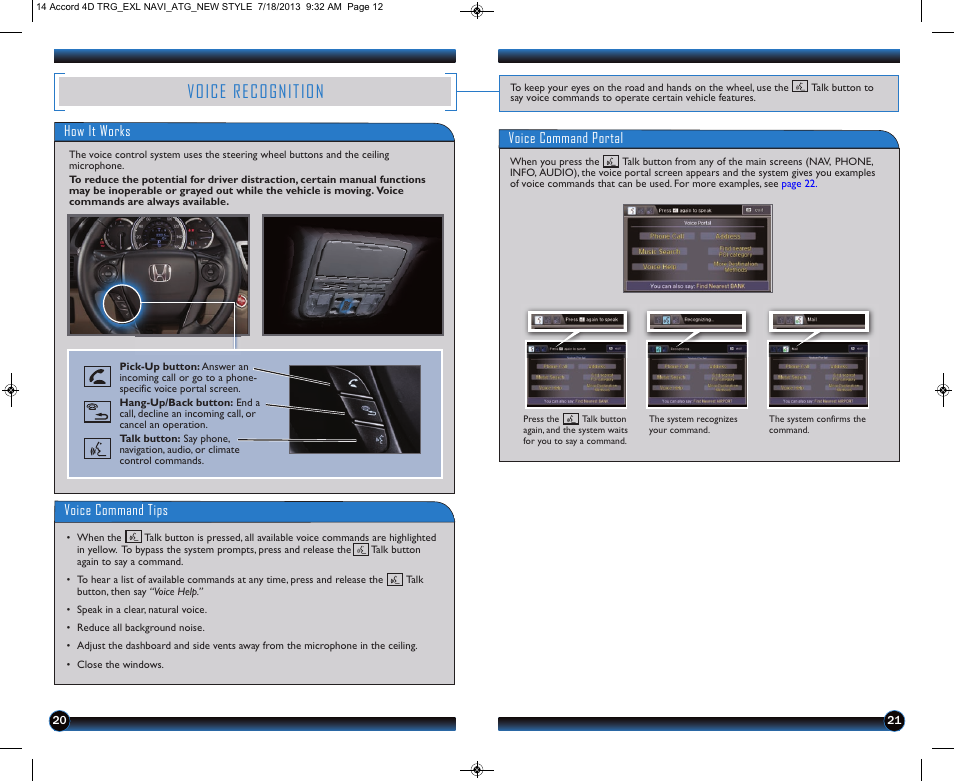 Voice recognition, How it works, Voice command portal | Voice command tips | HONDA 1984 Accord Sedan (EX-L with Navigation) - Technology Reference Guide User Manual | Page 12 / 22