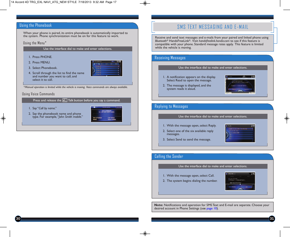 Sms text messaging and e-mail, Using the phonebook, Receiving messages | Replying to messages, Calling the sender | HONDA 1984 Accord Sedan (EX-L with Navigation) - Technology Reference Guide User Manual | Page 17 / 22