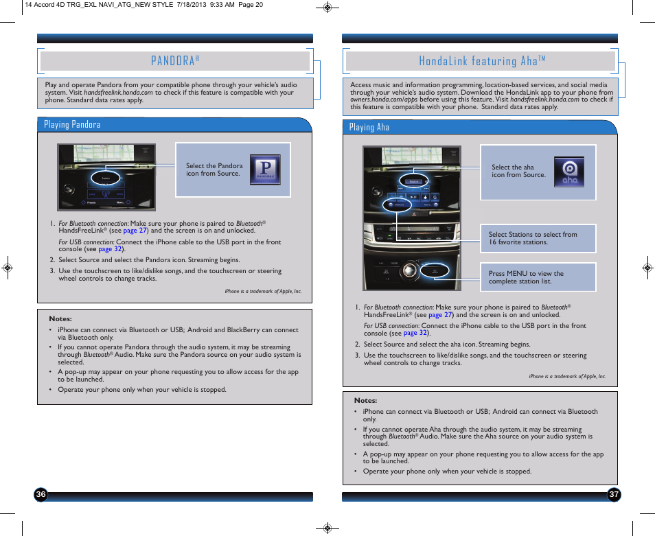 Pandora, Hondalink featuring aha, Playing pandora playing aha | HONDA 1984 Accord Sedan (EX-L with Navigation) - Technology Reference Guide User Manual | Page 20 / 22