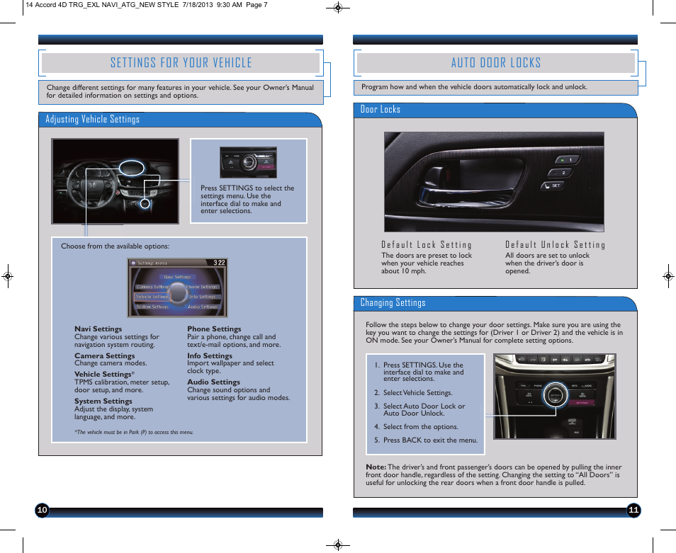 Settings for your vehicle, Auto door locks | HONDA 1984 Accord Sedan (EX-L with Navigation) - Technology Reference Guide User Manual | Page 7 / 22