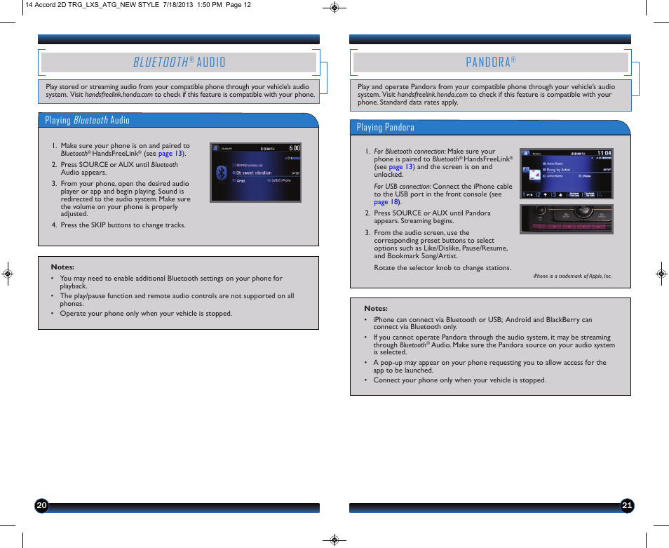 Bluetooth, Audio, Pandora | Playing bluetooth audio, Playing pandora | HONDA 1984 Accord Coupe (LX-S) - Technology Reference Guide User Manual | Page 12 / 13