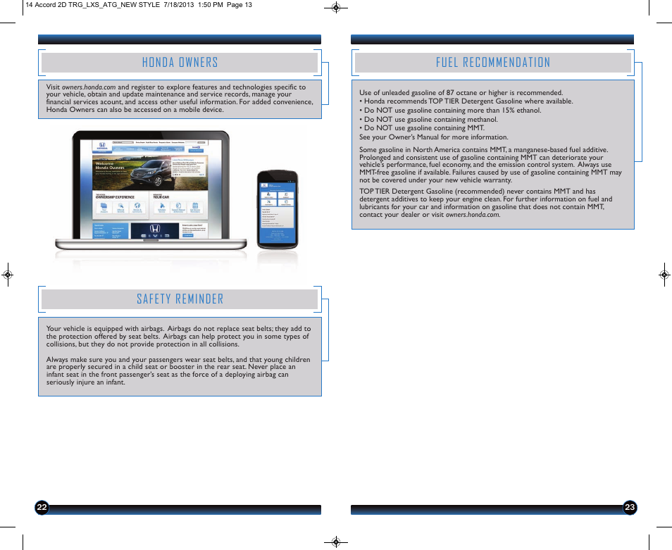 Honda owners, Safety reminder, Fuel recommendation | HONDA 1984 Accord Coupe (LX-S) - Technology Reference Guide User Manual | Page 13 / 13