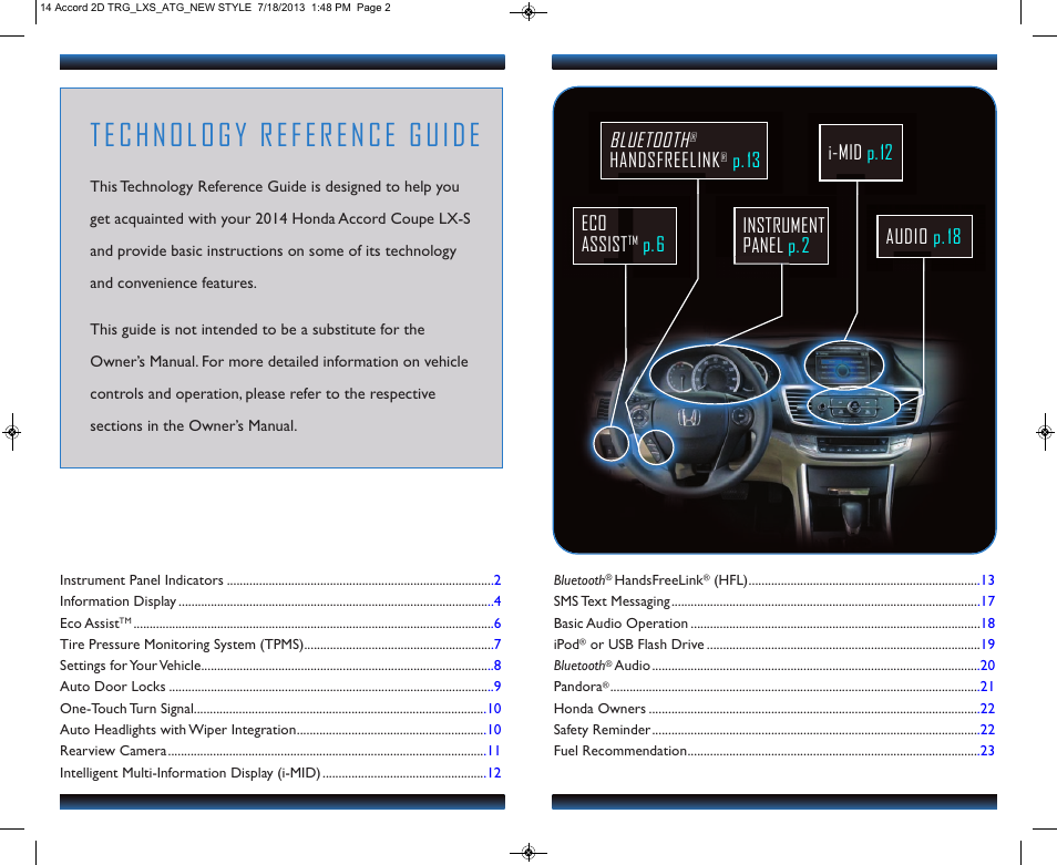 Technology reference guide, Audio p.18 bluetooth, Handsfreelink | P.13 eco assist, P.6 instrument pane l p.2 i-mid p.12 | HONDA 1984 Accord Coupe (LX-S) - Technology Reference Guide User Manual | Page 2 / 13
