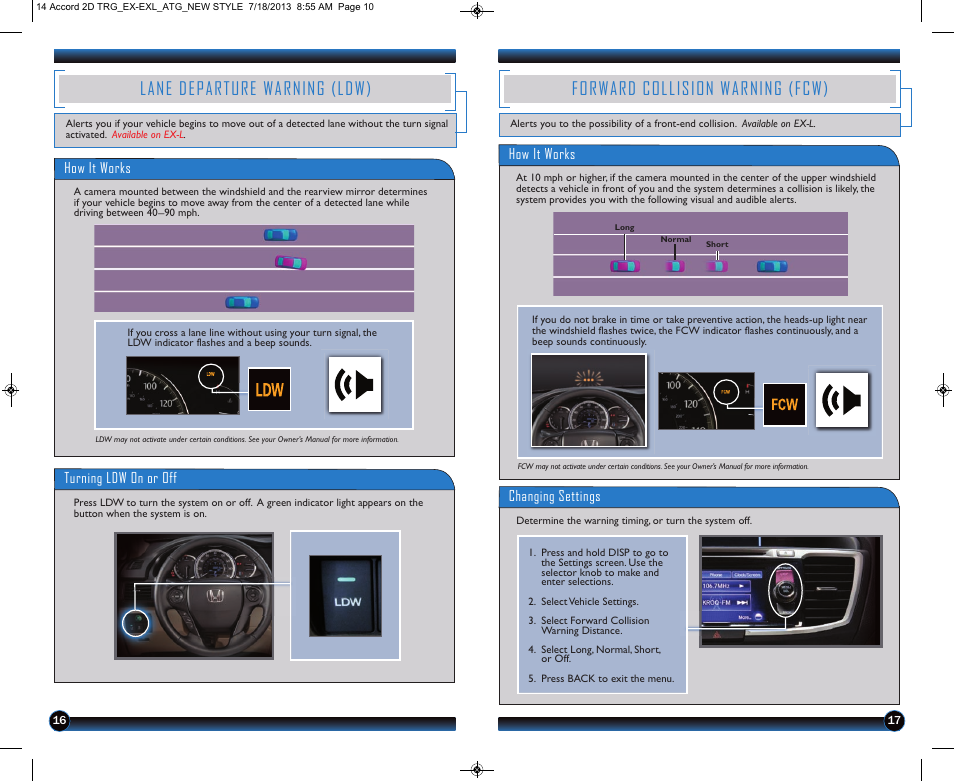 Lane departure warning (ldw), Forward collision warning (fcw), How it works turning ldw on or off | How it works, Changing settings | HONDA 1984 Accord Sedan (EX & EX-L) - Technology Reference Guide User Manual | Page 10 / 18