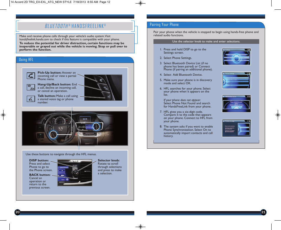 P.20, Bluetooth, Handsfreelink | Using hfl, Pairing your phone | HONDA 1984 Accord Sedan (EX & EX-L) - Technology Reference Guide User Manual | Page 12 / 18