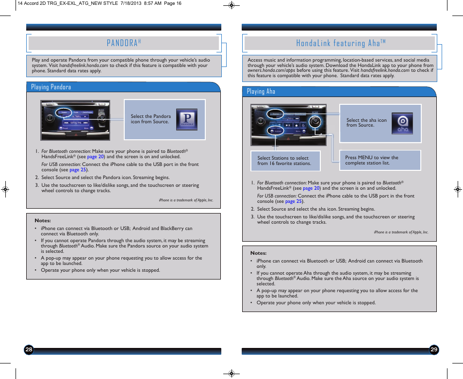 Pandora, Hondalink featuring aha, Playing pandora | Playing aha | HONDA 1984 Accord Sedan (EX & EX-L) - Technology Reference Guide User Manual | Page 16 / 18